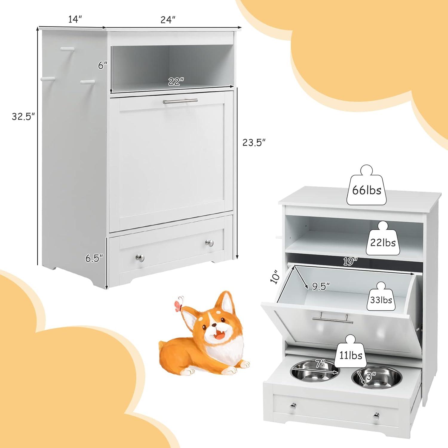Kepooman Pet Feeder Station with Stainless Steel Bowl-White