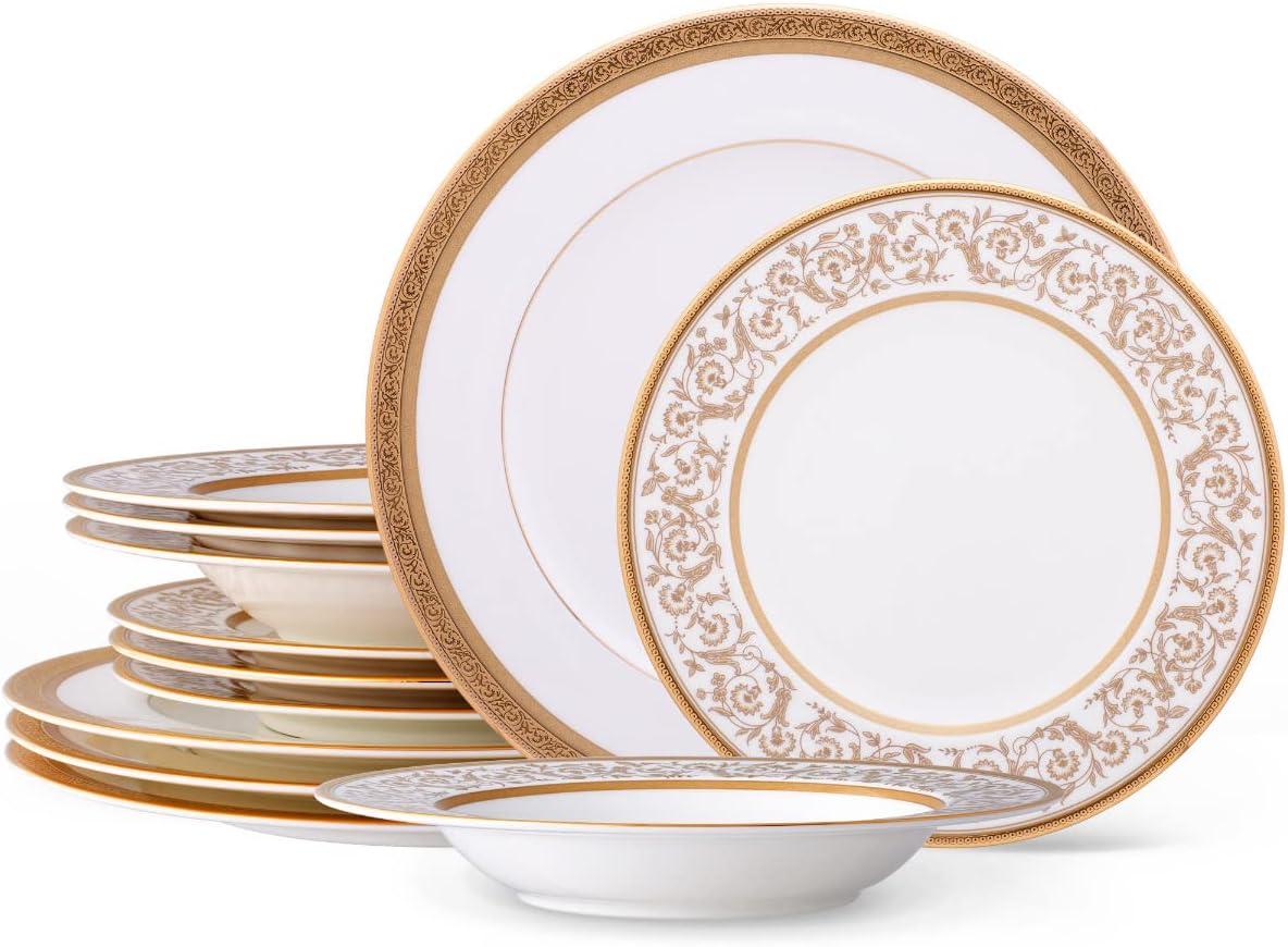 Gold Trimmed Floral Porcelain 12-Piece Dinnerware Set