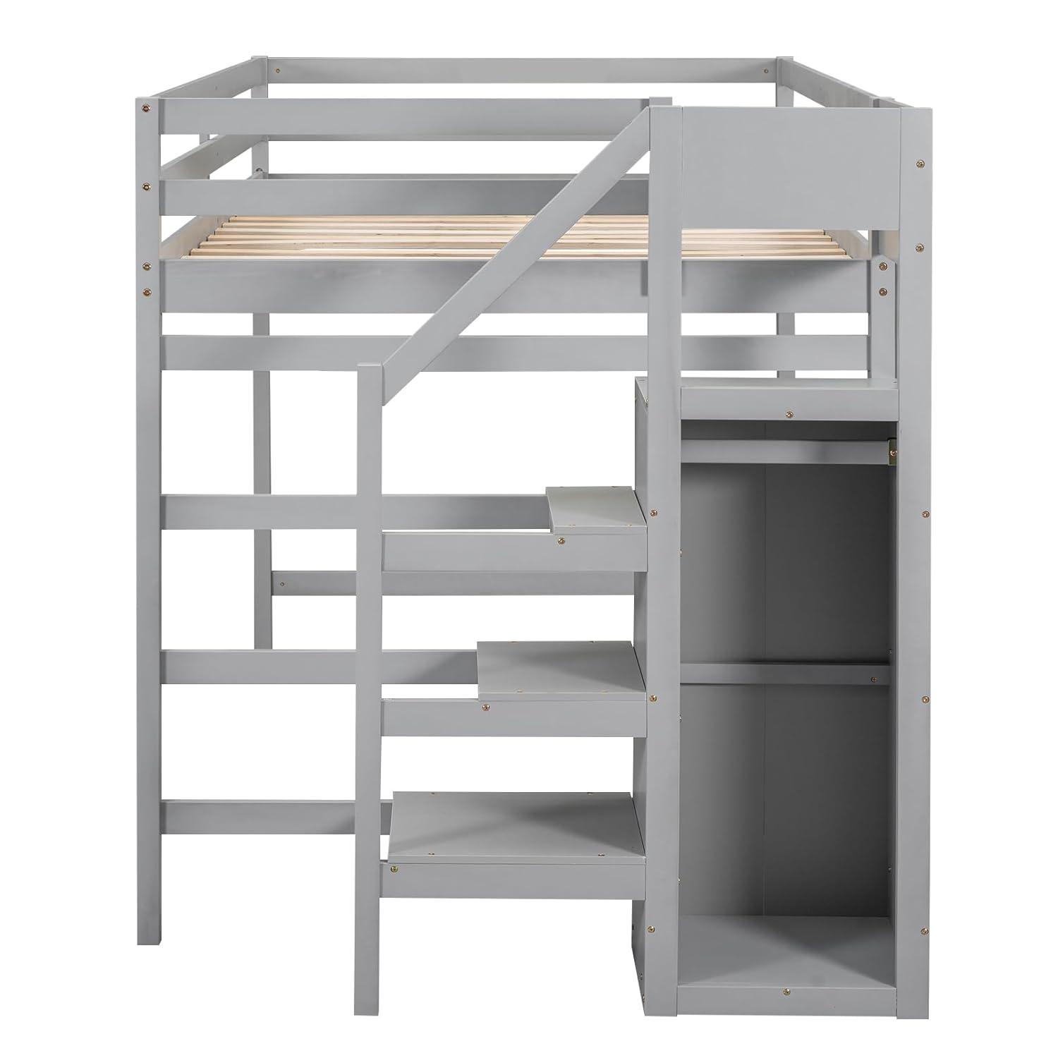 Harper & Bright Designs Full Size Loft Bed with Storage Shelves & Wardrobe, Wood Full Loft Bed Frame with LED Light for Kids Teens,Adults,Space Saving High Loft Bed,White