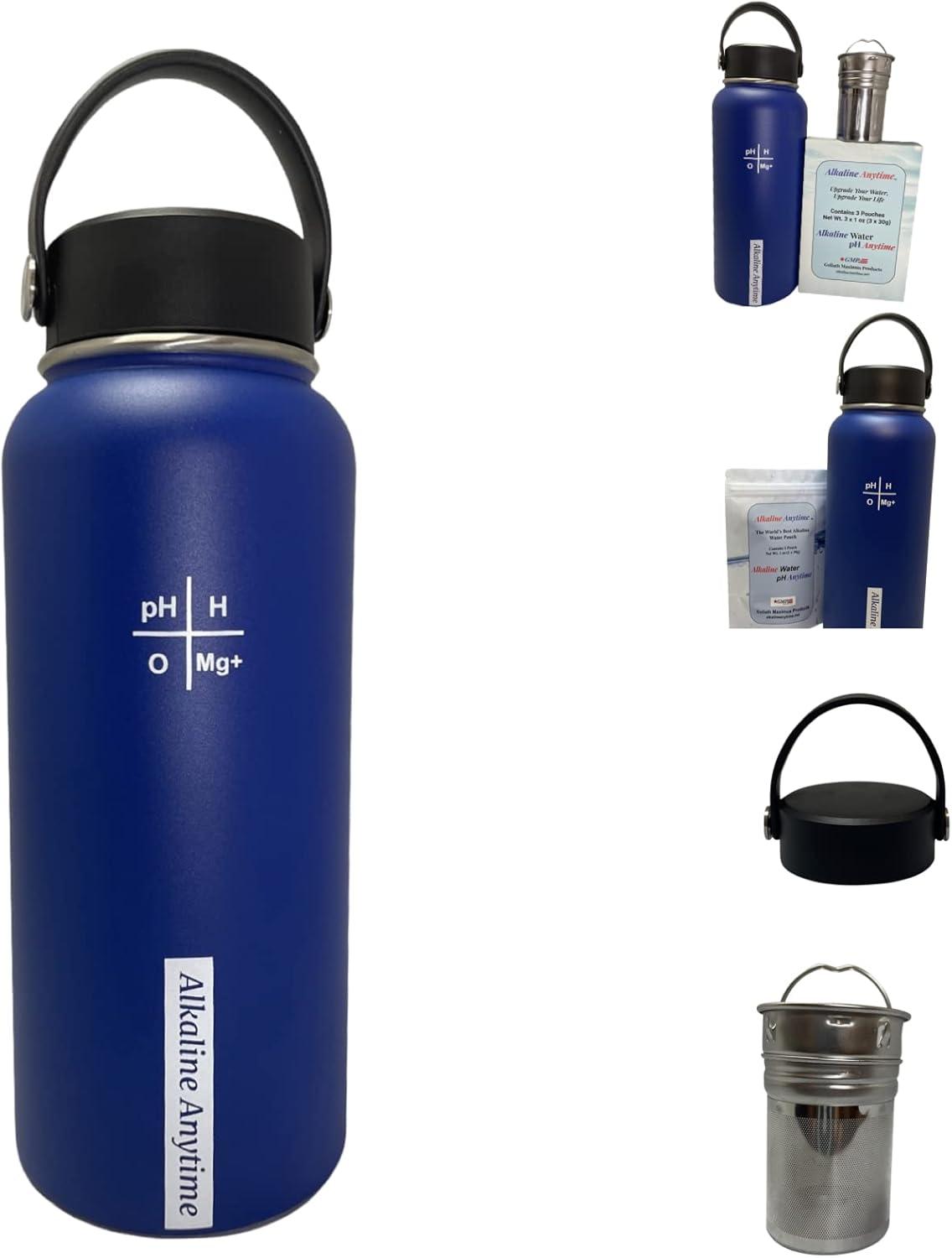 32oz. Alkaline Water Bottle Stainless Steel | Creates pH Water up to 9.5+ pH | Wide Mouth Vacuum Insulated With Handle | Micromesh Pouch and Infuser