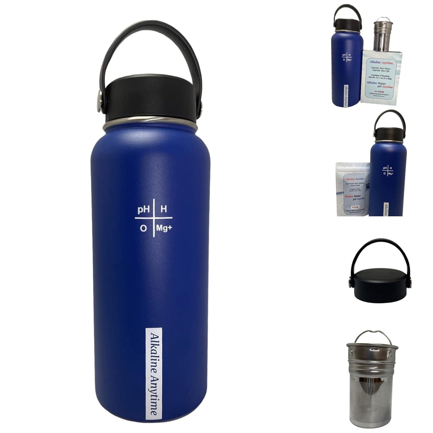 32oz. Alkaline Water Bottle Stainless Steel | Creates pH Water up to 9.5+ pH | Wide Mouth Vacuum Insulated With Handle | Micromesh Pouch and Infuser