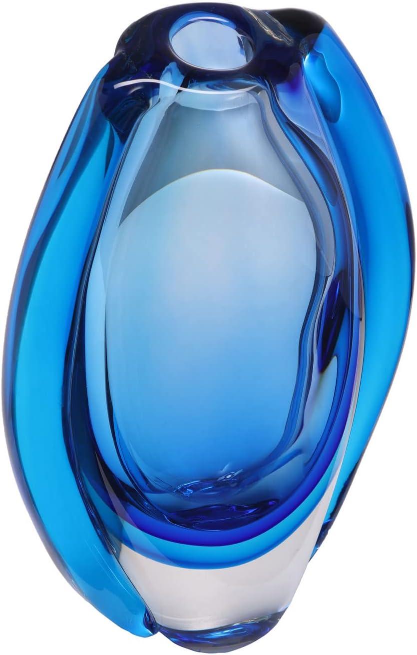 Luxury Lane Hand Blown Sommerso Oval Art Glass Vase Blue 10"H