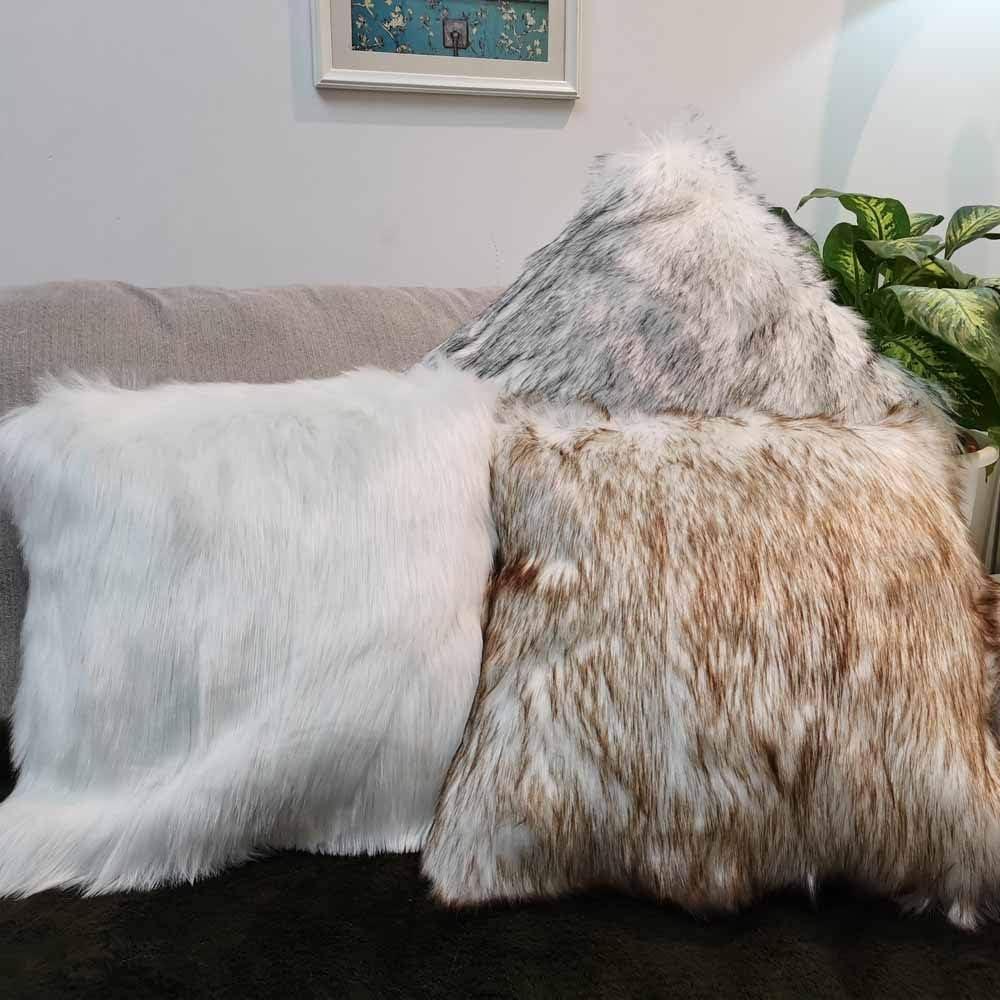 White and Brown Faux Fur Euro Throw Pillow Cover