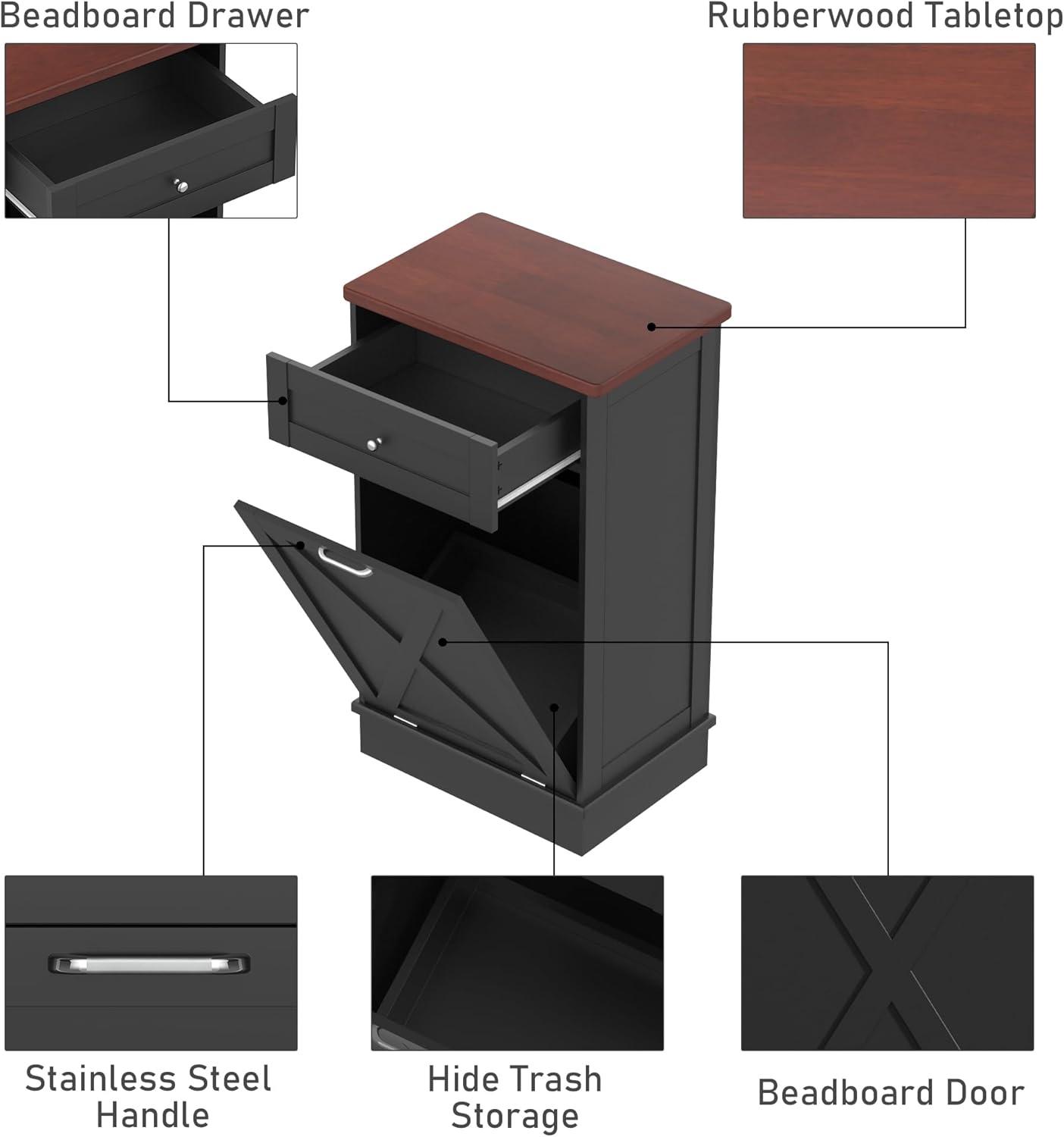 Tolead Kitchen Single Trash Cabinet Tilt Out Free Standing Storage Can with Hideaway Drawer and Countertop, Wood, Black