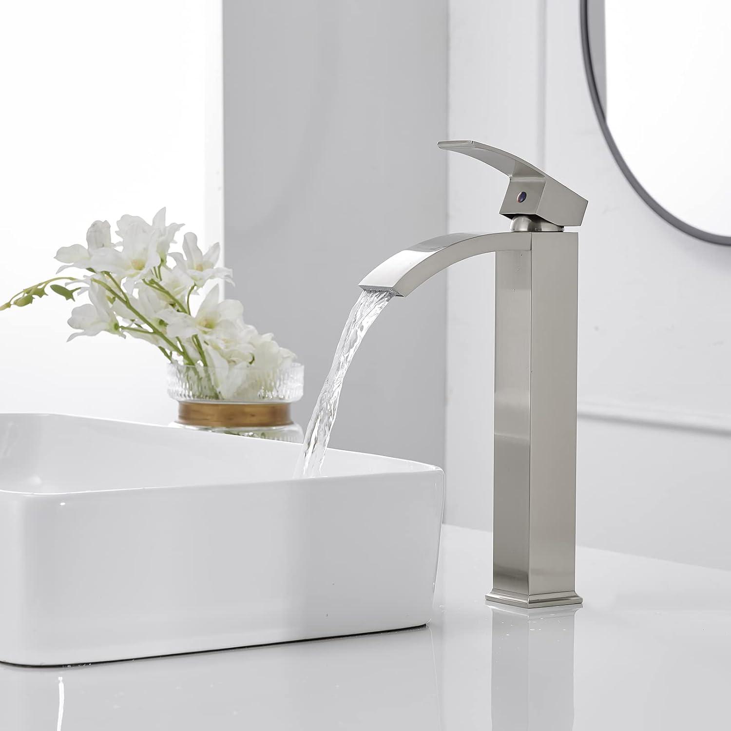 Brushed Nickel Tall Waterfall Bathroom Sink Faucet with Pop Up Drain