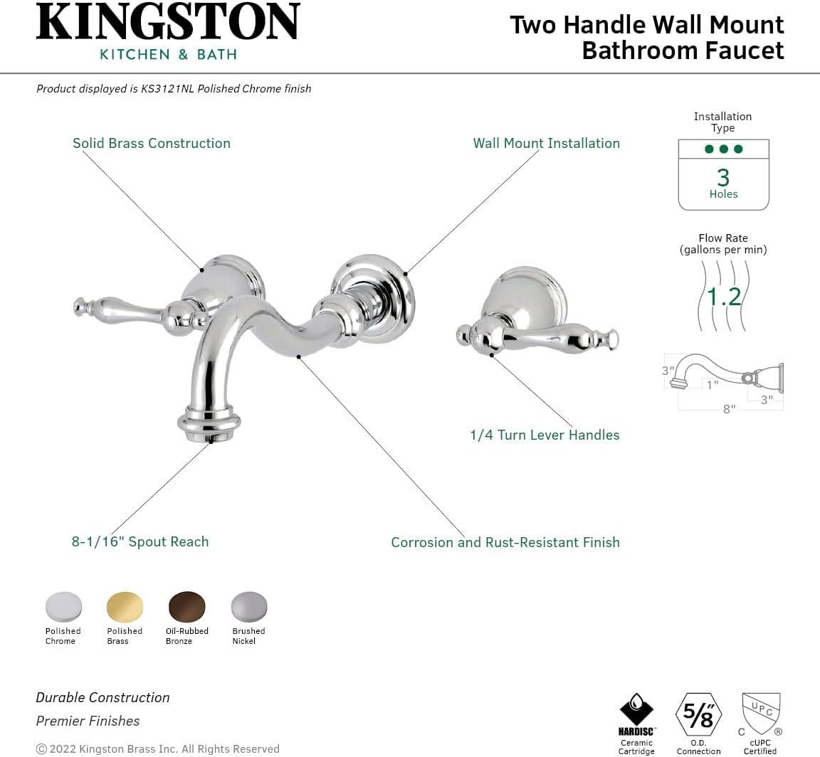 Kingston Brass Vintage Two-Handle 3-Hole Wall Mount Bathroom Faucet