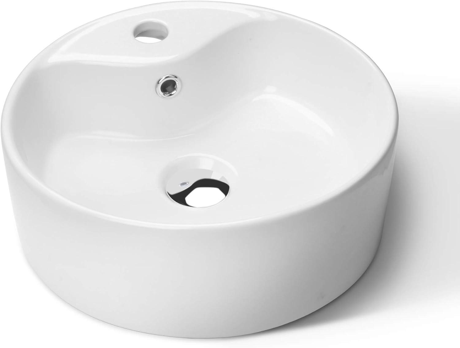 White Round Ceramic Bathroom Vessel Sink with Overflow