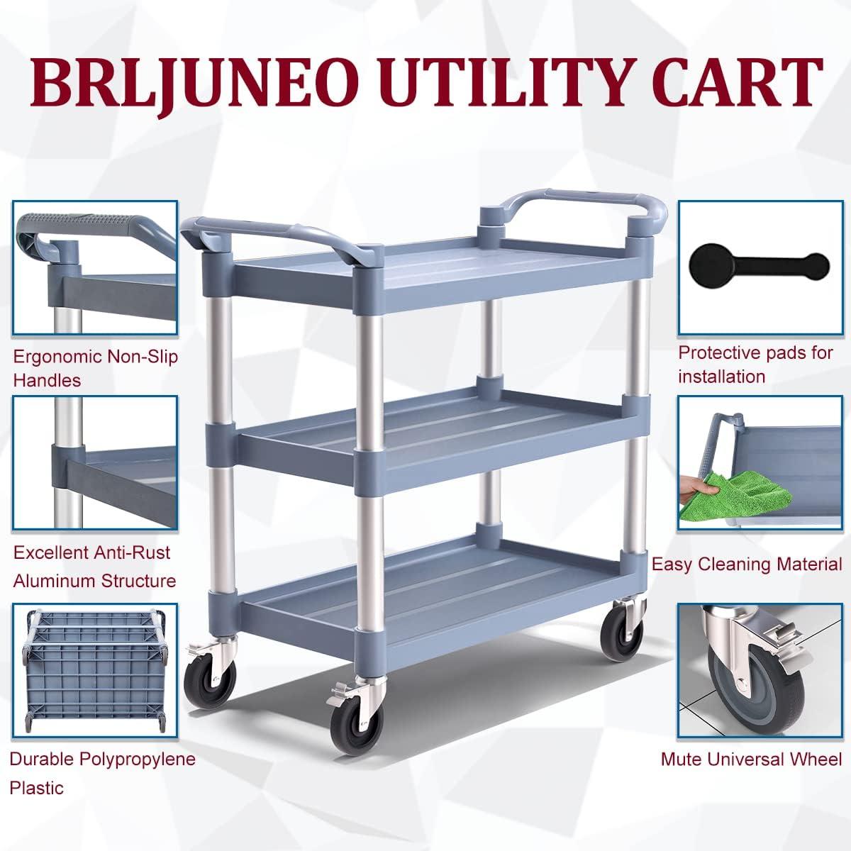 Service Cart Heavy Duty 3-Shelf Rolling Utility/Push Cart with Lockable Wheels, 360 lbs. Capacity, for Foodservice/Restaurant/Cleaning