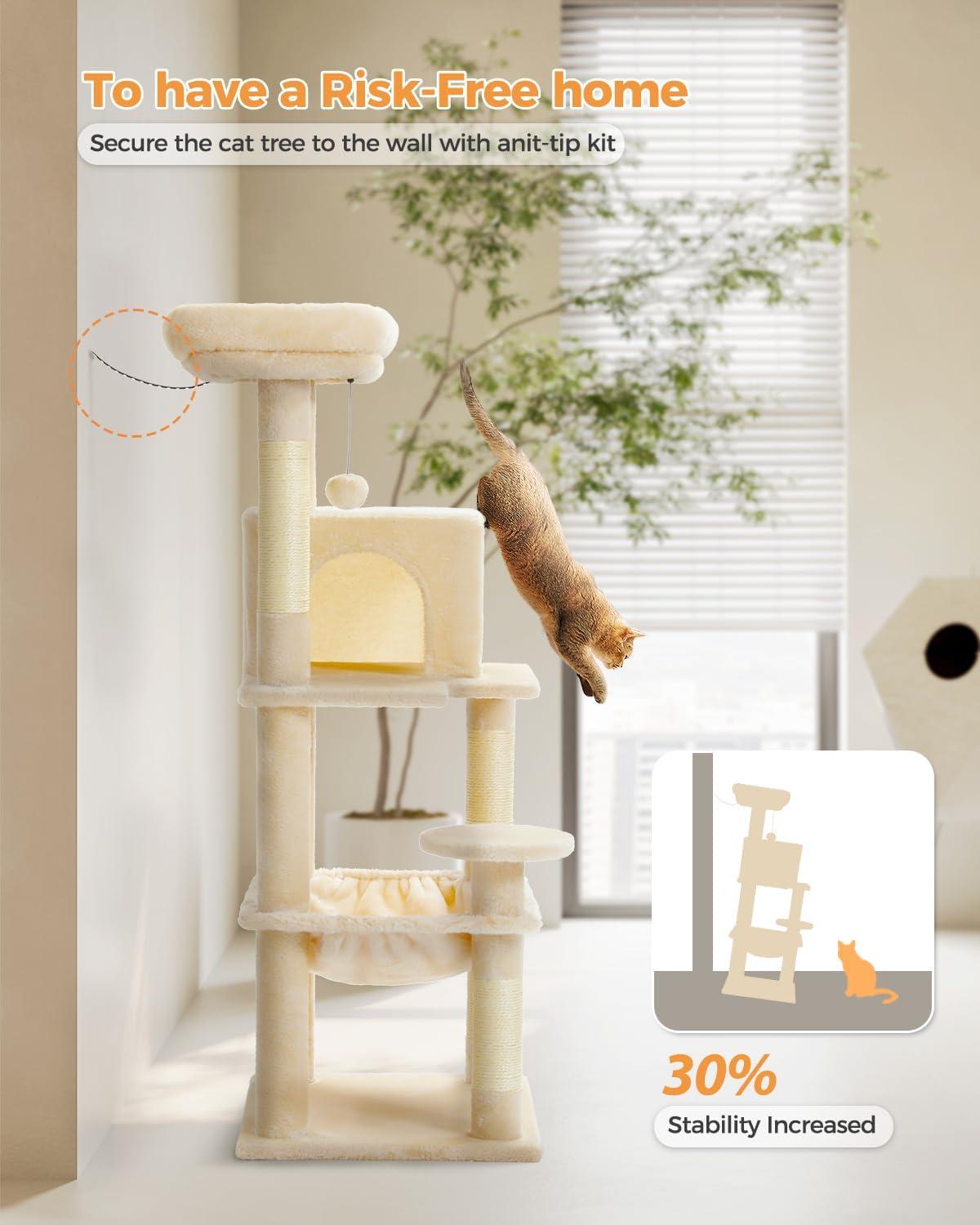 45.7" Cat Tree for Indoor Cats, 5-Level Cat Tower for Large Cats with Metal Frame Large Hammock (17.3"x15.3"), Cat Condo with (18.5"x13") Big Top Perch & 4 Sisal Covered Scratching Post Beige