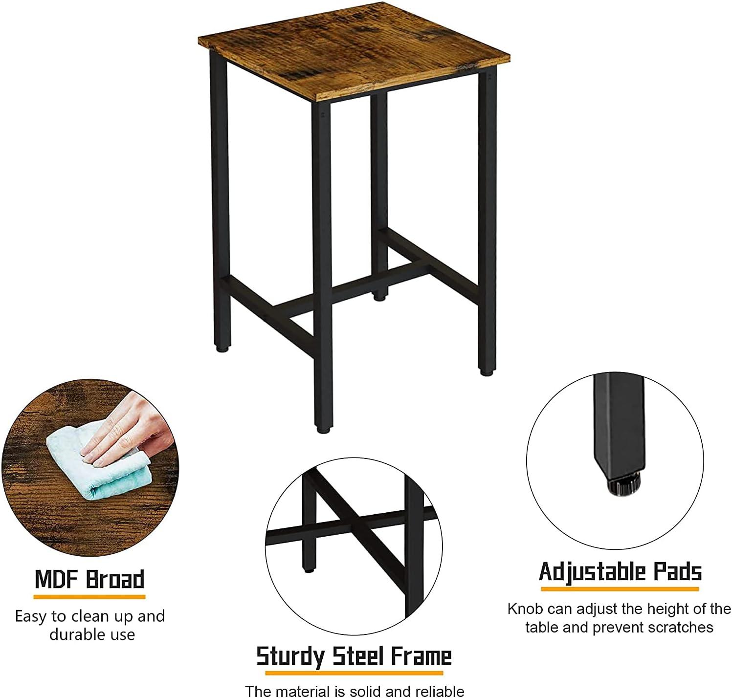 Rustic Brown Square Pub Table Set with Metal Frame and 2 Stools