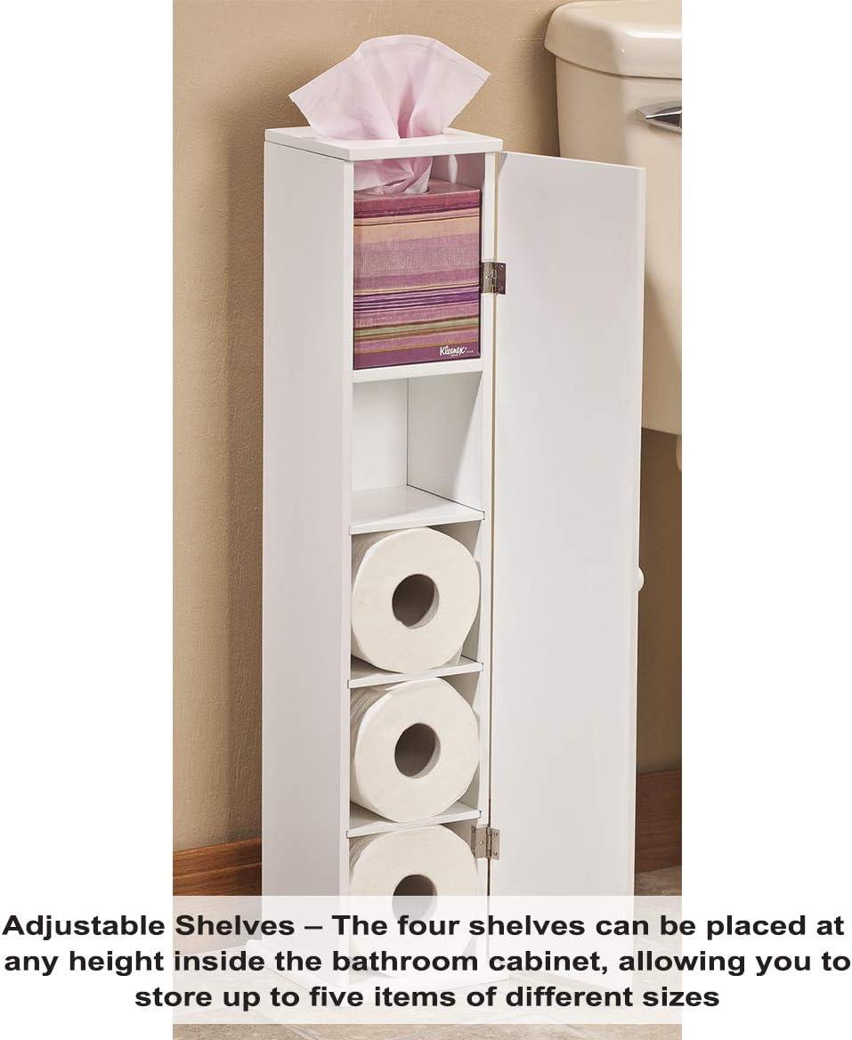 OakRidge Miles Kimball White Compact Toilet Tissue Storage Tower with 4 Shelves, 5.5" W x 27" H x 6.75" L – Holds Toilet Paper Rolls Up to 4.25" Diameter, Top Slot Provides Access to Facial Tissues