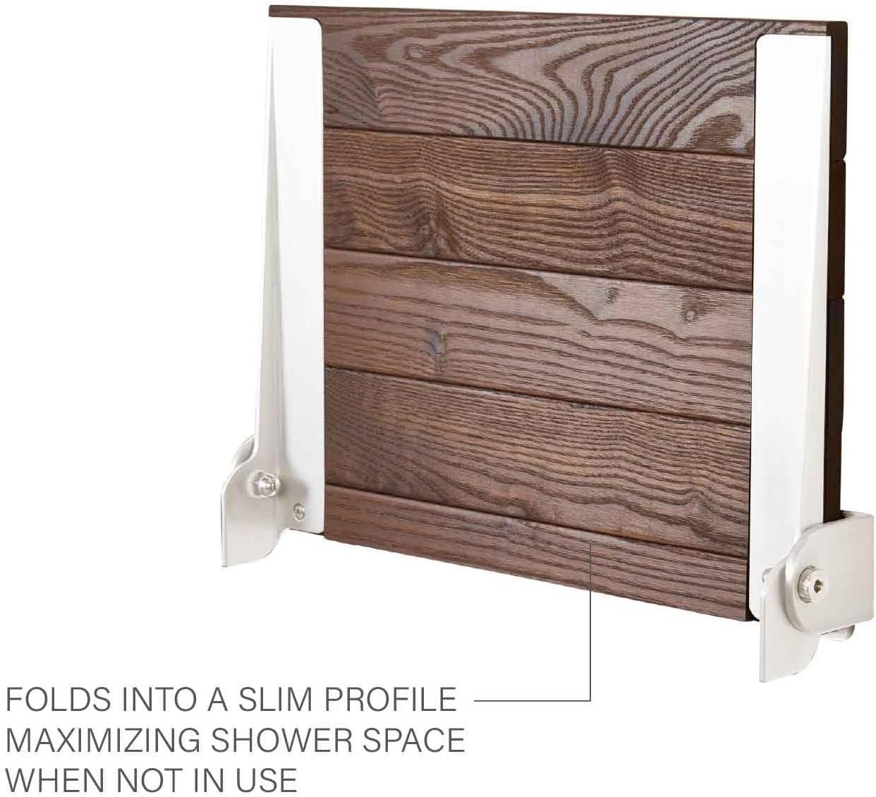 Natural Ash Wood Folding Wall Mount Shower Bench with White Frame