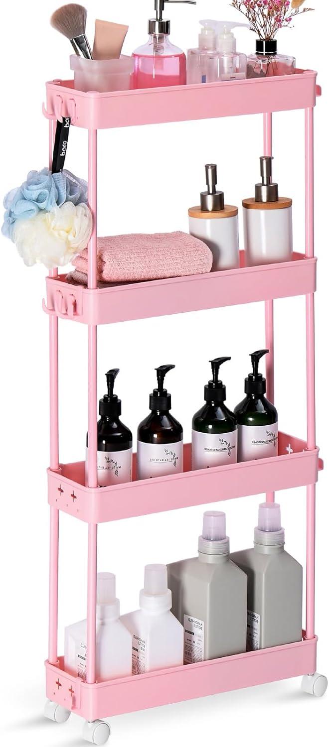 Slim Rolling Storage Cart 4 Tier Bathroom Organizer Utility Cart Mobile Shelving Unit Tower Rack for Kitchen, Laundry Room, Bathroom, Narrow Places, Pink