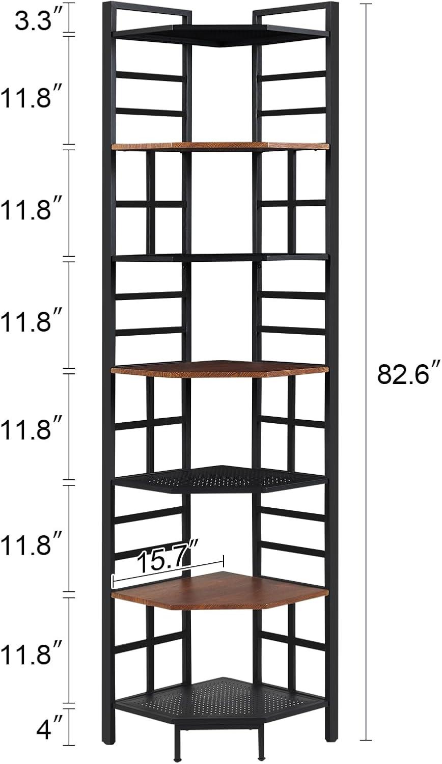 Industrial Black and Brown 7-Tier Corner Bookshelf