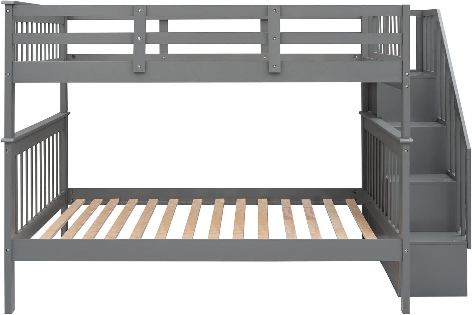 Full Over Full Bunk Beds with Drawers and Stairs Stairway Bunk Bed Frame with Storage Shelves for Kids Teens Adult, Wood Full Bunk Bed for Boys Girls Adults, Gray