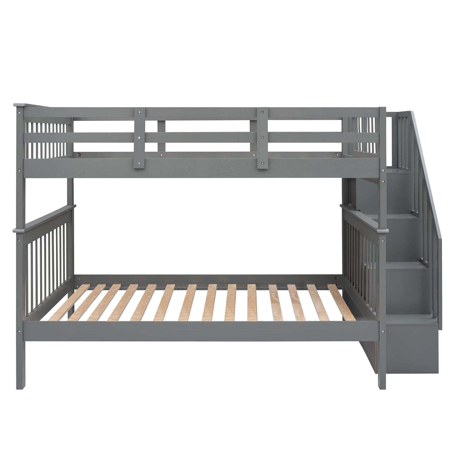 Full Over Full Bunk Beds with Drawers and Stairs Stairway Bunk Bed Frame with Storage Shelves for Kids Teens Adult, Wood Full Bunk Bed for Boys Girls Adults, Gray