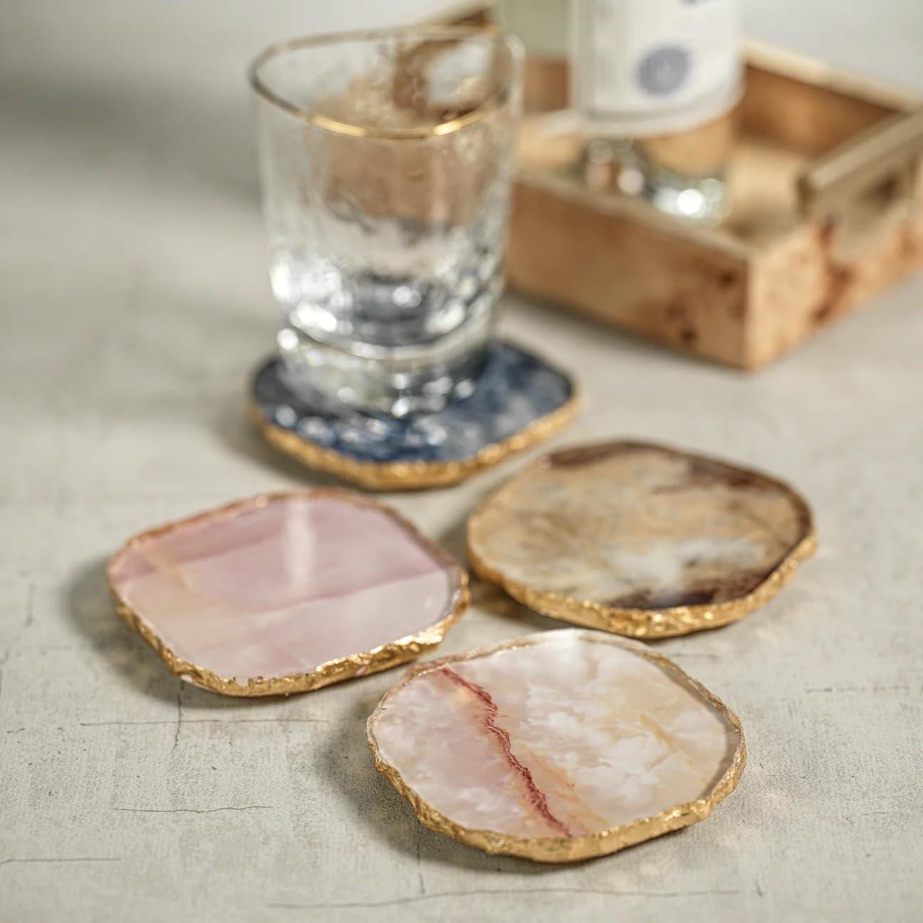 Brown Faux Agate Marble Glass Coaster Set with Gold Rim