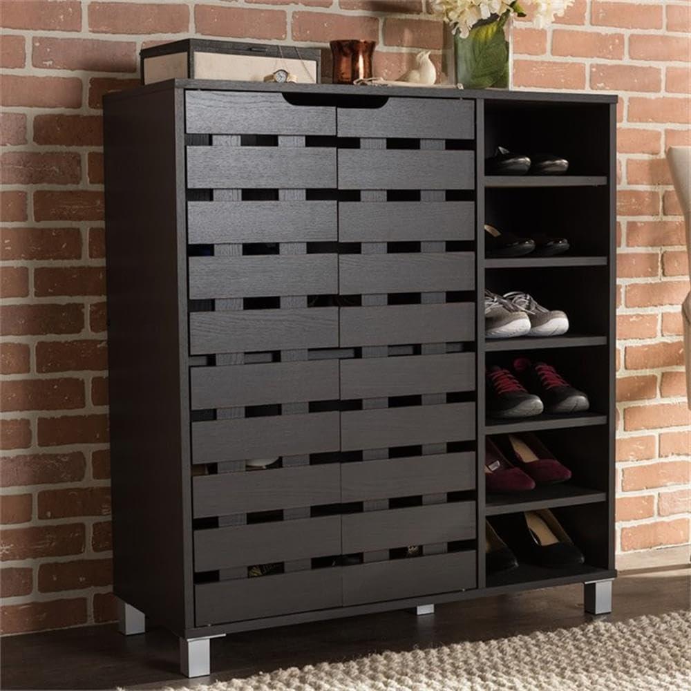 Shirley Modern and Contemporary Wood 2-Door Shoe Cabinet with Open Shelves - Dark Brown - Baxton Studio: Espresso Finish, Metal Frame, 10 Compartments