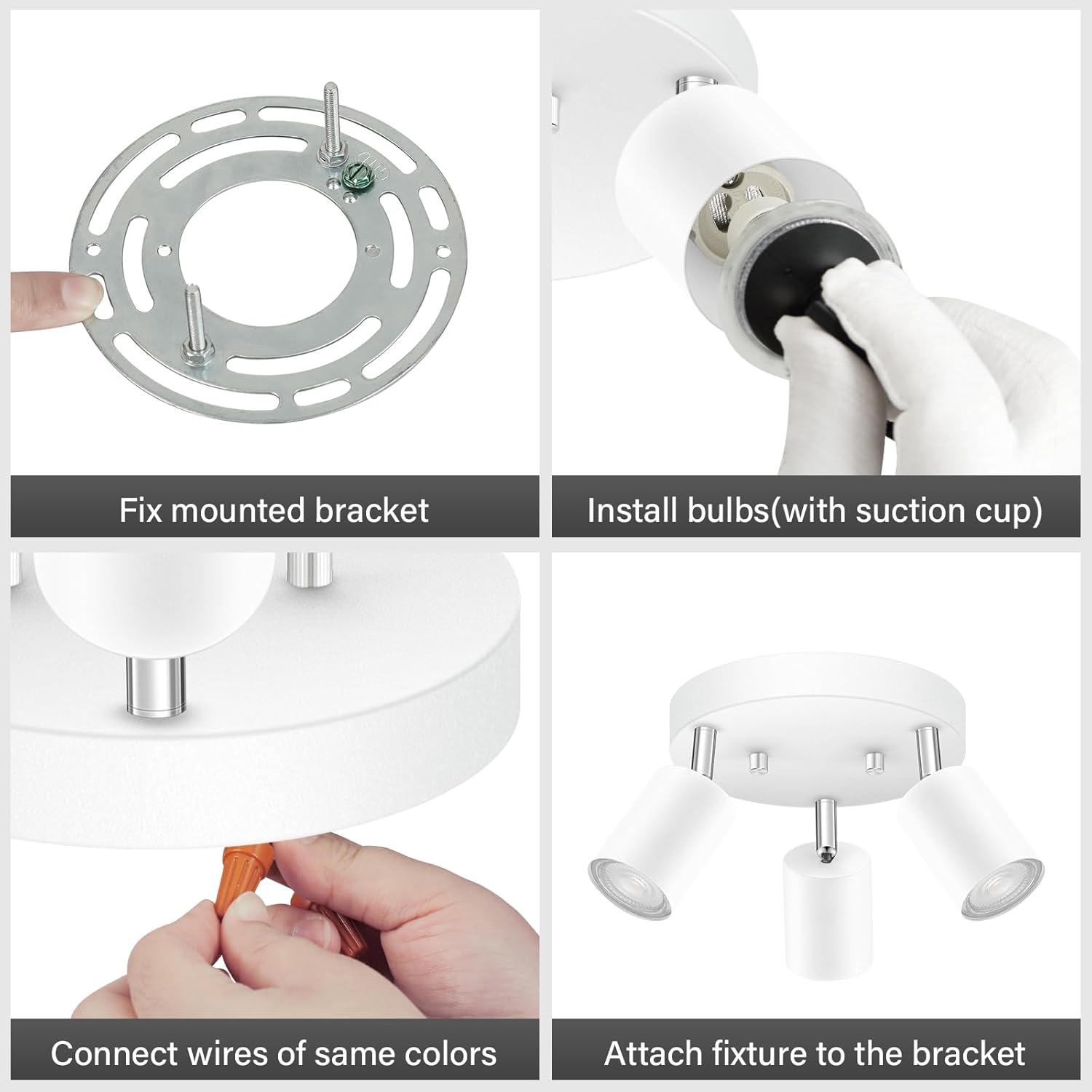 LED 3 Light Track Lighting Kit, LED Track Lighting Fixtures, White Round Ceiling Spot Lighting, Flexibly Rotatable Light Head for Kitchen, Living Room, Bedroom, GU10 Bulb Not Included