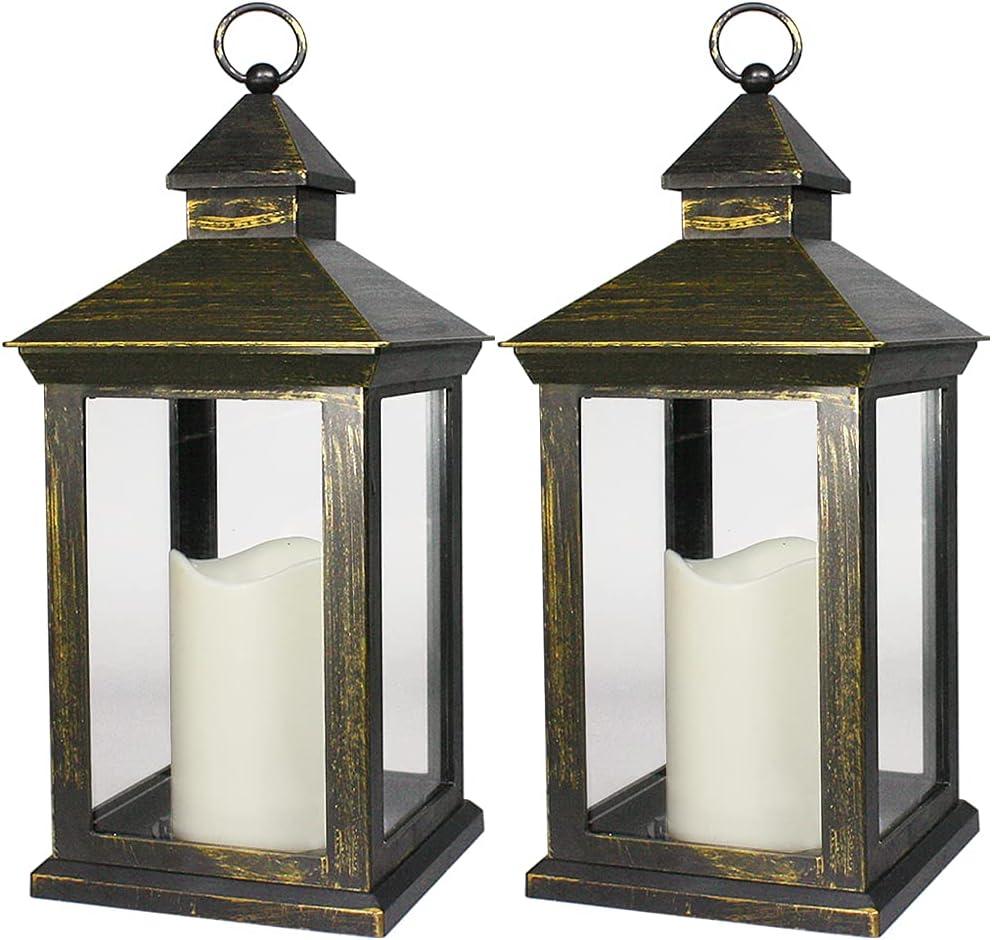 Bright Zeal 2-PACK 14 Inch Vintage Decorative Candle Lanterns With Timer - IP44 Waterproof Distressed Gold Decorative Outdoor Lanterns Battery Powered - Hanging Decorative Lanterns For Wedding Indoors