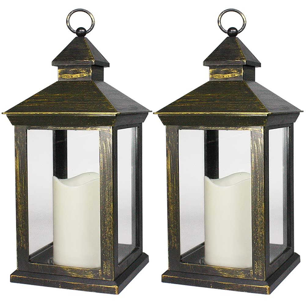 Bright Zeal 2-PACK 14 Inch Vintage Decorative Candle Lanterns With Timer - IP44 Waterproof Distressed Gold Decorative Outdoor Lanterns Battery Powered - Hanging Decorative Lanterns For Wedding Indoors