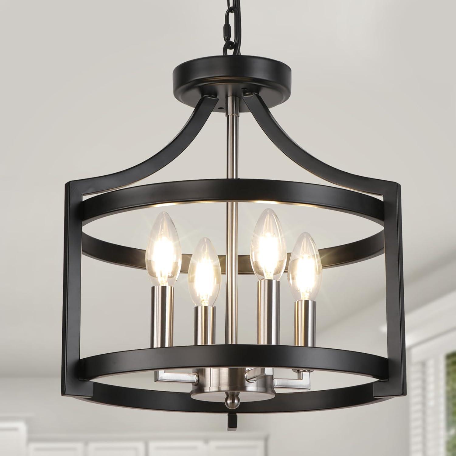 Chandelier Convertible Semi Flush Mount Ceiling Light, YANSUN 4-Light Modern Farmhouse Rustic Round Cage Chandeliers for Kitchen, Dining Room, Foyer, Entryway.Black and Brushed Nickel