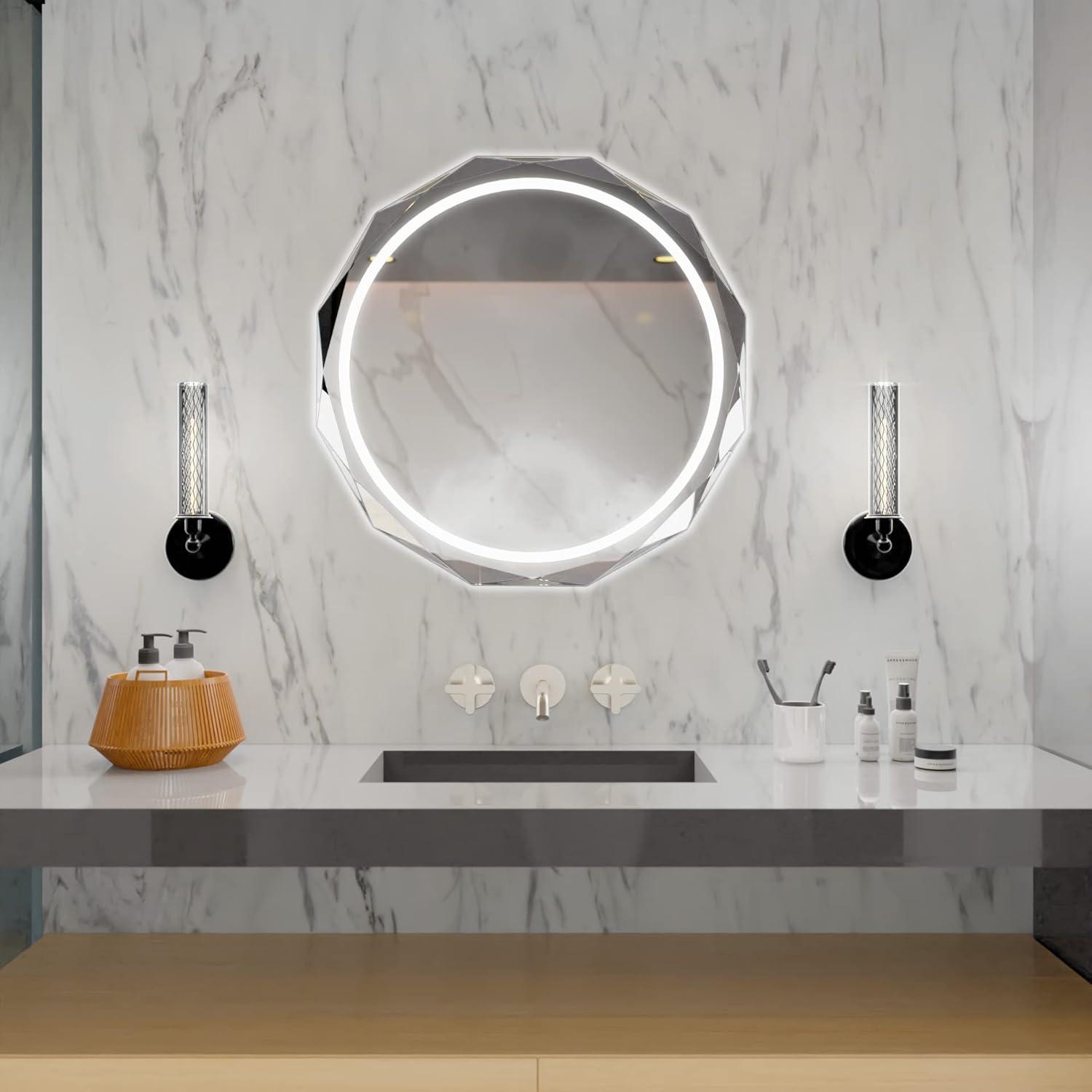 Diamond Frameless LED Bathroom Vanity Mirror with Anti-Fog, 24 Inch