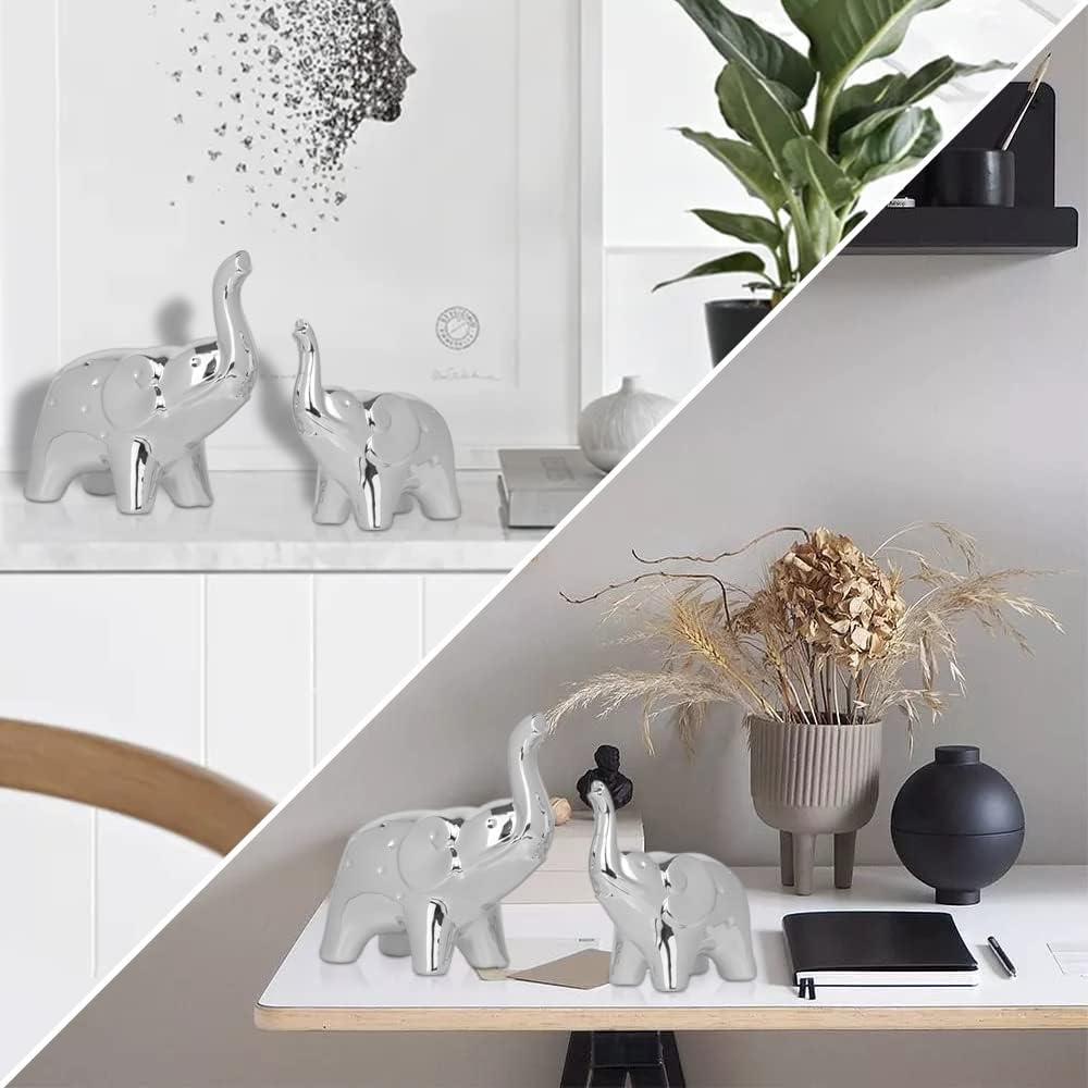 A Pair Elephant Statue Home Decor,Modern Style Figurines,Sculpture for ​Office Desktop Bookshelf Living Room (Ceramics Silver)