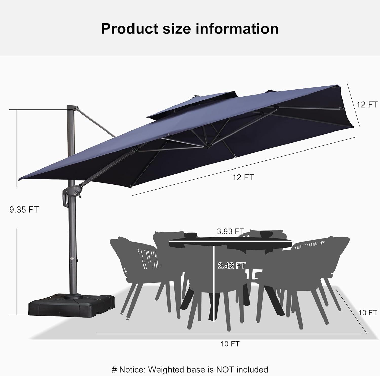 Navy Blue 12FT Cantilever Patio Umbrella with 360° Rotation and Tilt