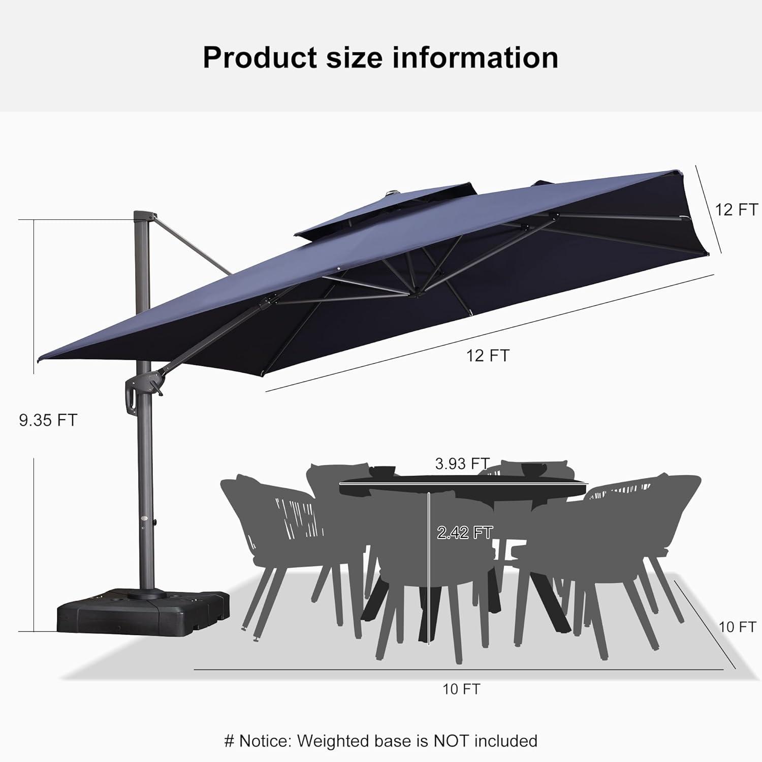 Navy Blue 12FT Cantilever Patio Umbrella with 360° Rotation and Tilt