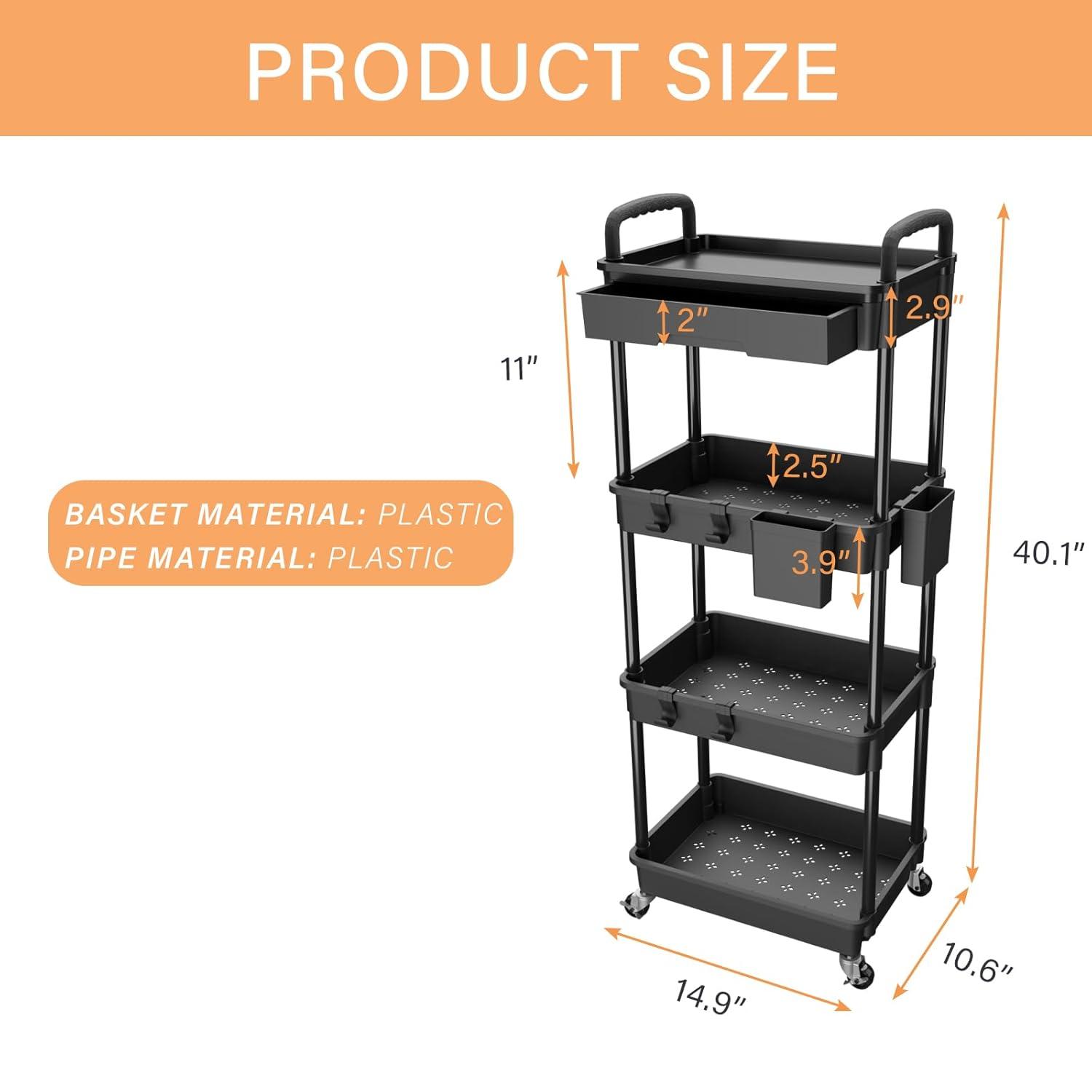 3 Tier Rolling Utility Cart with Drawer,REBECAT Utility Cart Made of Multifunctional Storage Organizer Tool for Kitchen,Bathroom,Living Room,Office(Black)