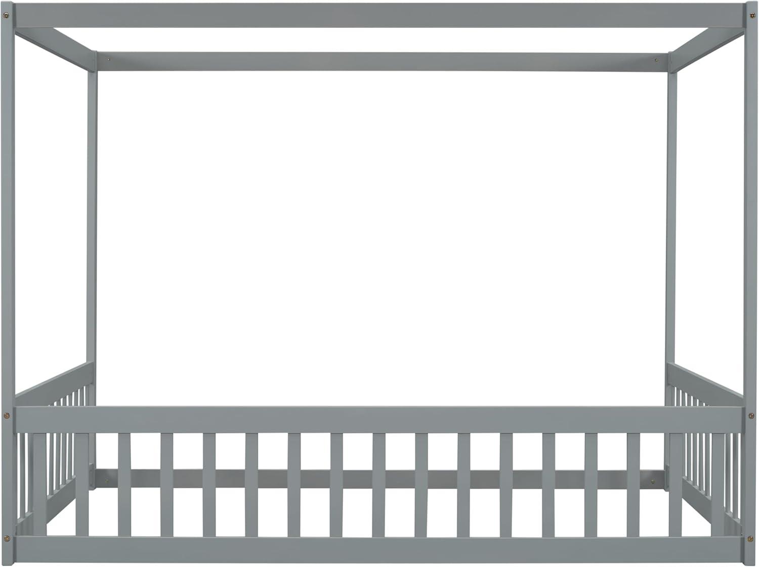 Canopy Frame Twin Size Floor Bed for Kids Bedroom,Wood Bed Frame with Fence for Boys/Girls/Teens,No Box Spring Needed,Natural