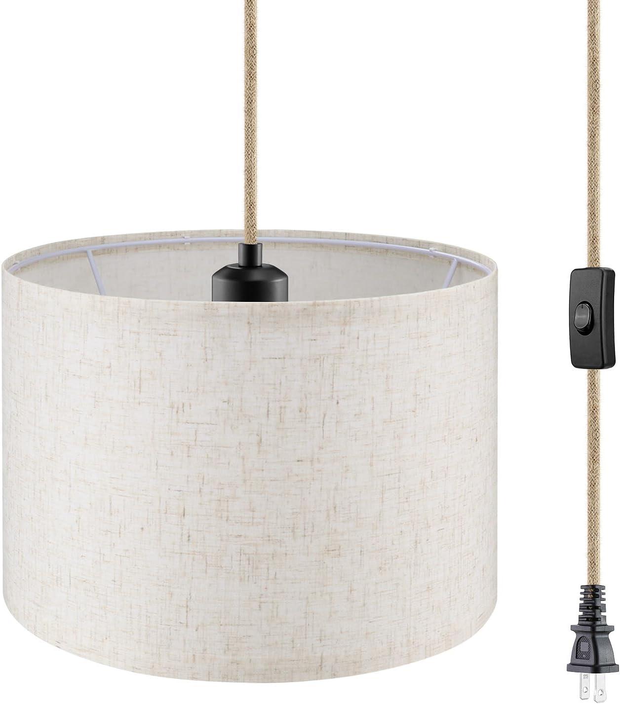 Beige Linen Drum Pendant Light with 15ft Cord and Switch