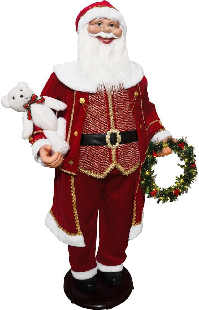 58" Red Velvet Dancing Santa with Bear and Wreath