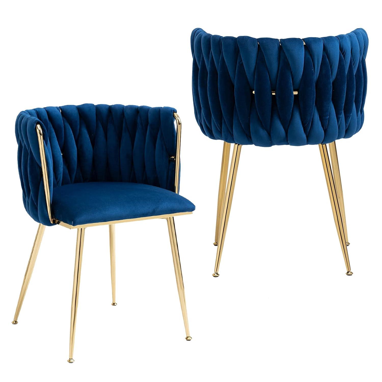 Mercer41 Dining Chairs Set of 2, Woven Upholstered Dining Chairs with Gold Metal Legs(Navy Velvet)