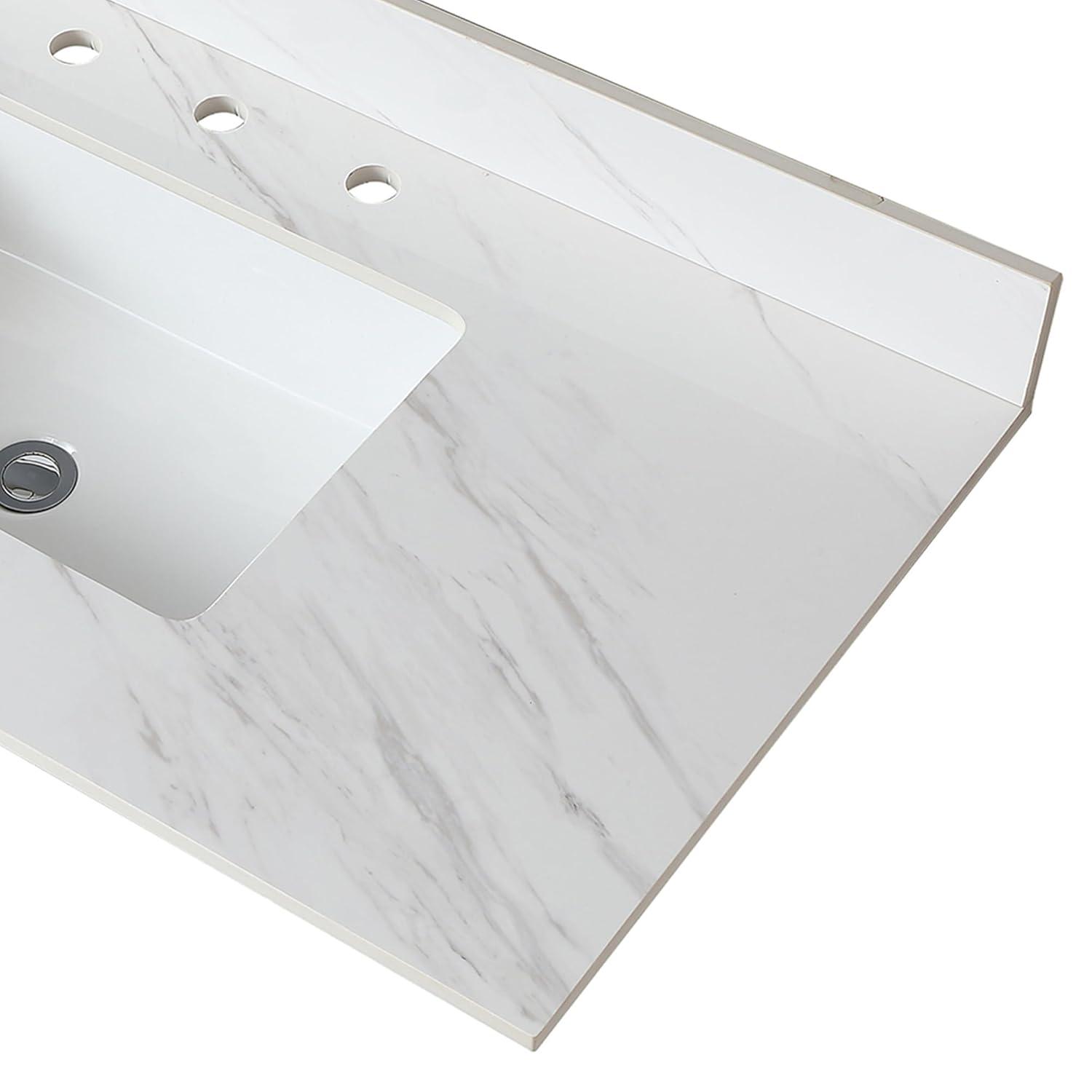 Tech Cube 43 Inch Marble Vanity Top, White Vanity Top With Pre-Drilled Faucet Holes, Bathroom Vanity Top With Undermount Rectangular Middle Sink And 4" Height Backsplash,  Bianco Carrara Venato TCYX14547A