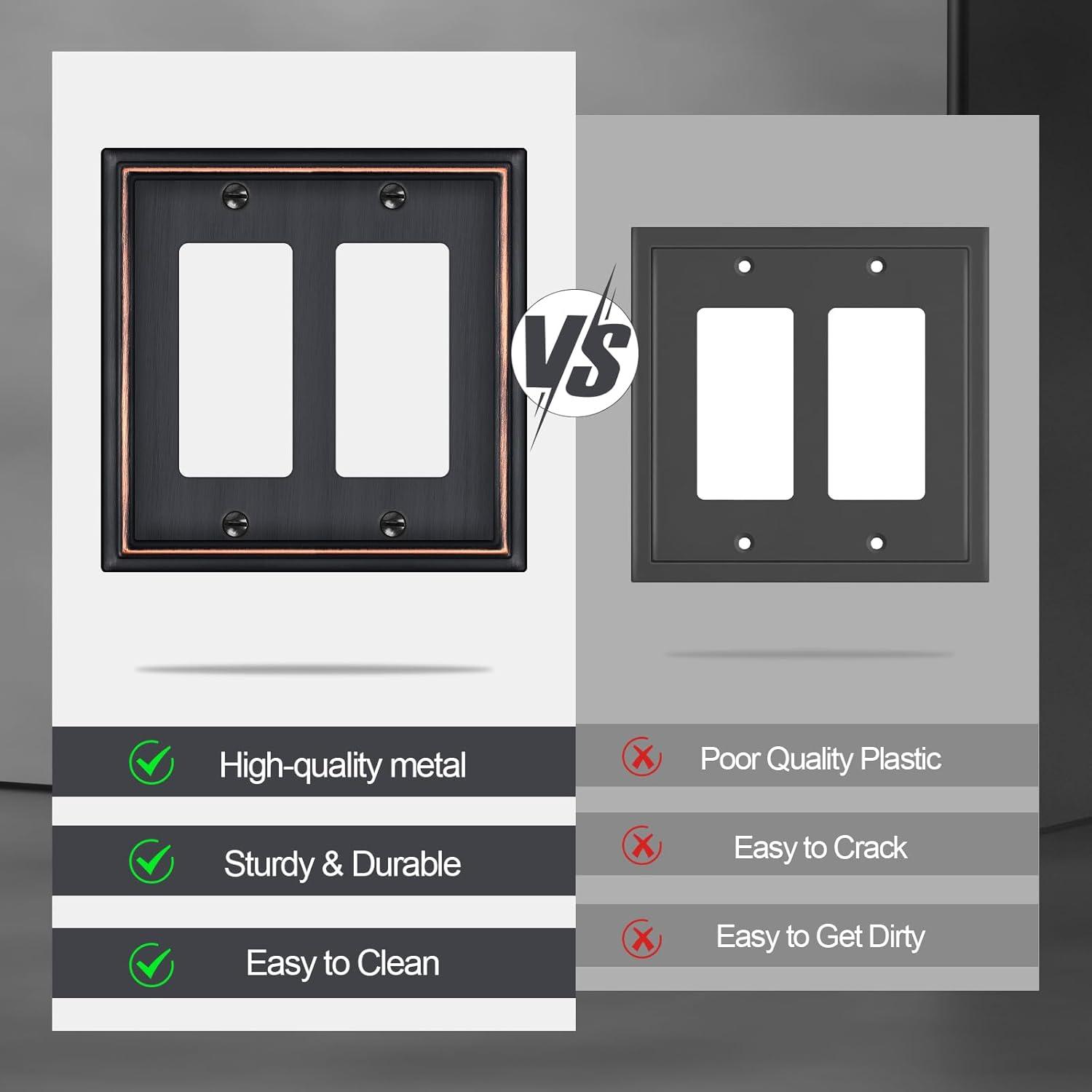 Double Decorator Switch Covers Wall Plate, Oil Rubbed Bronze Decorative Rocker Switch Plates Outlet Covers for Receptacle, GFCI Outlet, Dimmer - Classic Style, 3 Pack