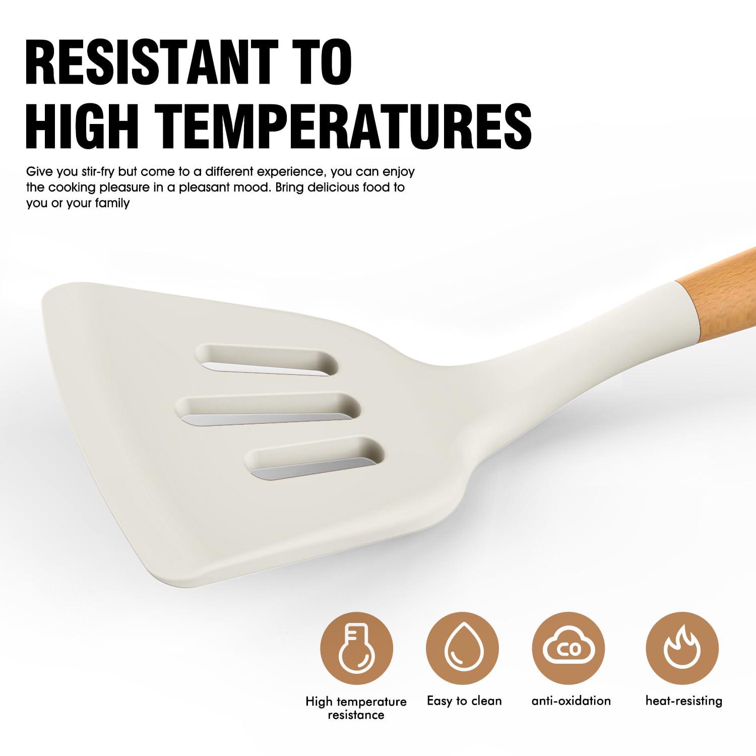 FAST APPLIANCES LLC Silicone Cooking Utensils Set - Silicone Kitchen Utensils For Cooking Wooden Handles, 446°F Heat Resistant Kitchen Utensil Spatula Sets W Holder, Gadgets For Non-Stick Cookware BPA FREE (Cream White)