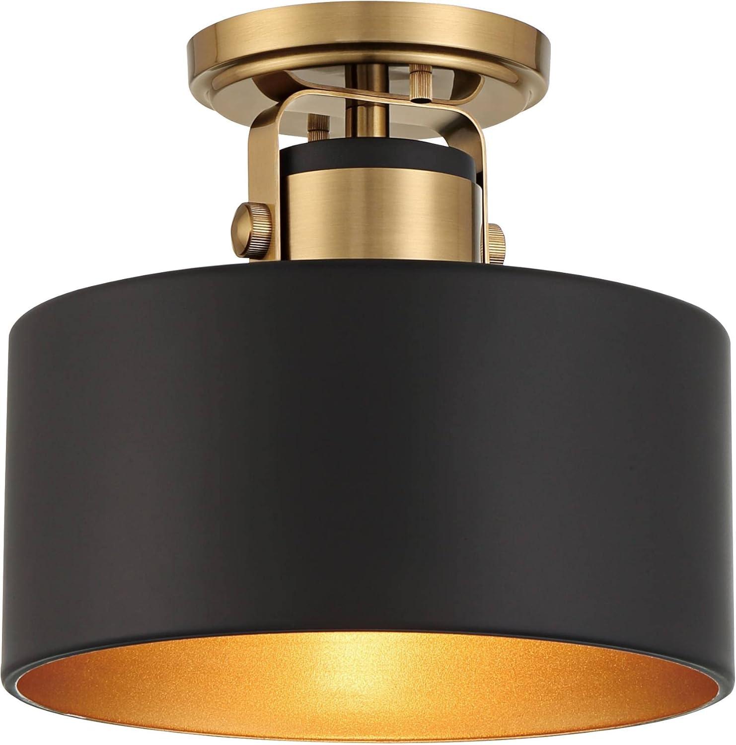 Possini Euro Design Modern Ceiling Light Semi Flush Mount Fixture 10" Wide Soft Gold Metal Black Drum Shade for Bedroom Kitchen