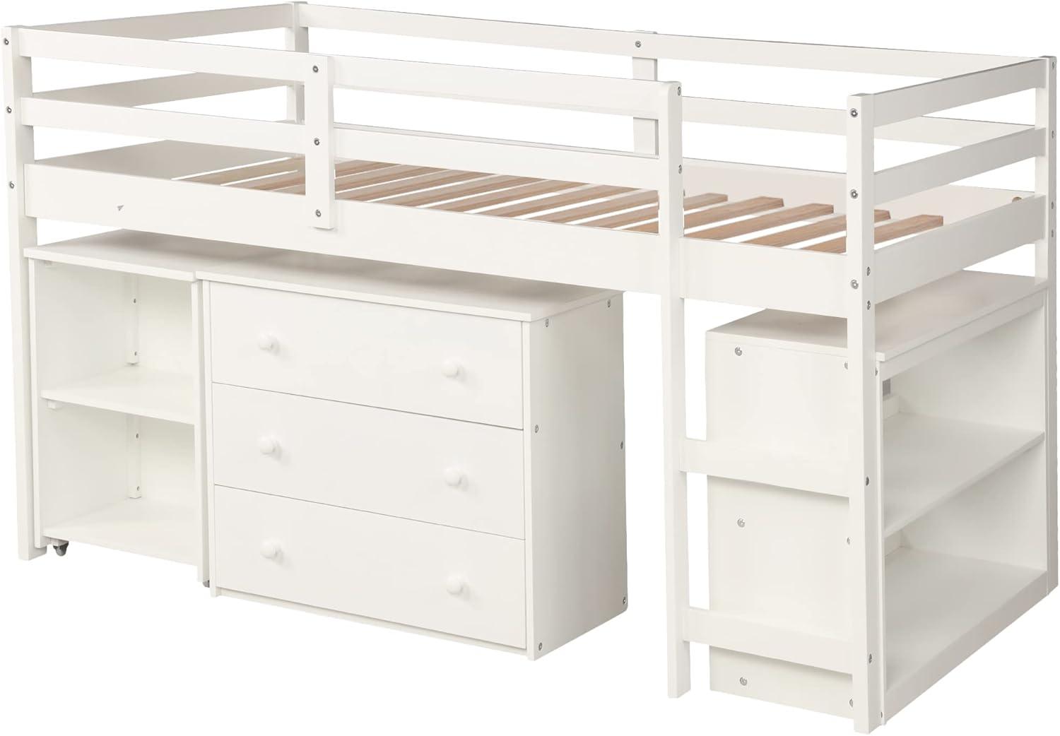 Harper & Bright Designs Twin Size Low Loft Bed with Rolling Portable Desk and Storage Cabinet, Wooden Low Study Loft Bed with Drawers, for Kids Teens Girls Boys - White