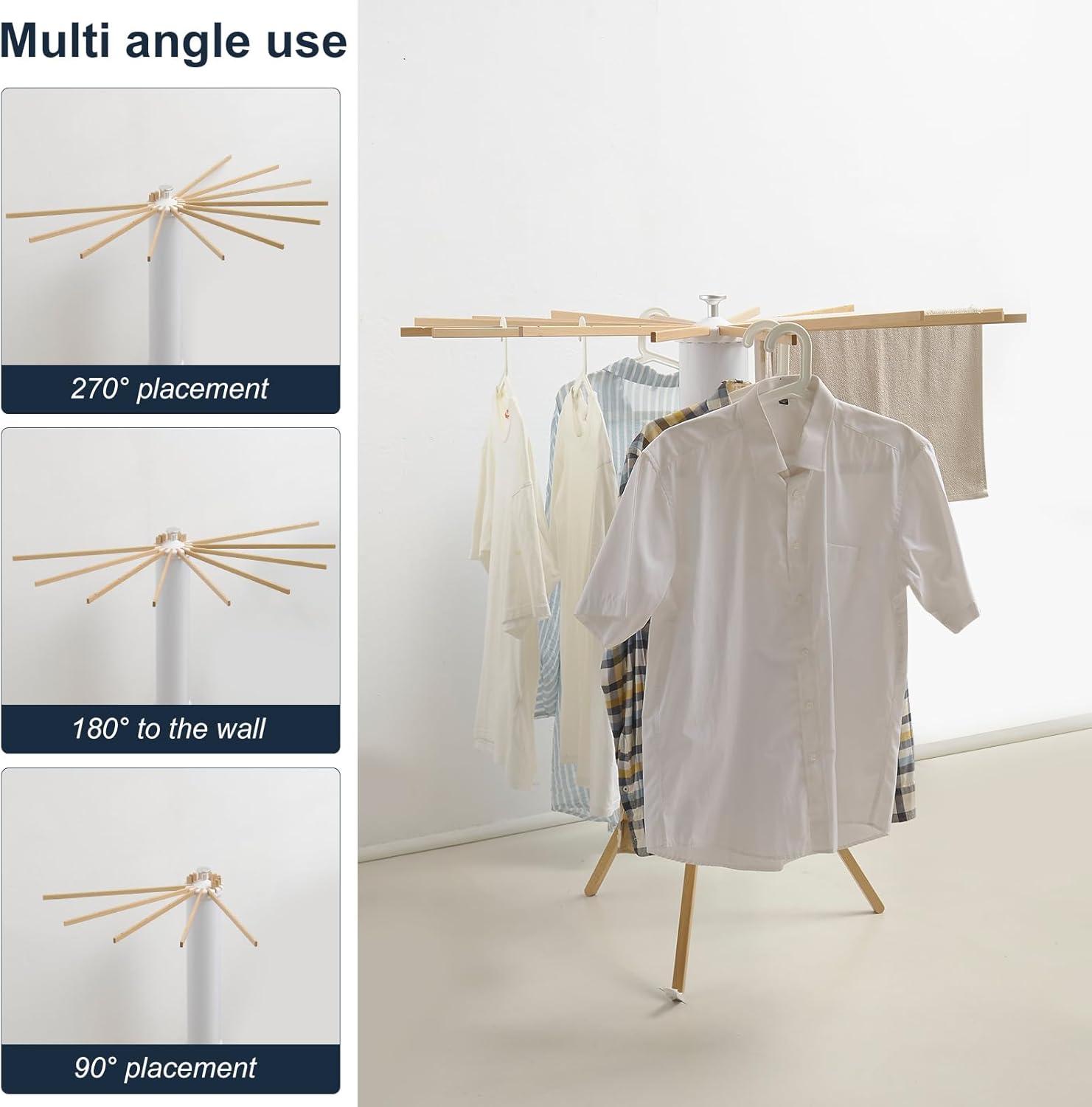 White and Natural Wood Foldable Tripod Clothes Drying Rack