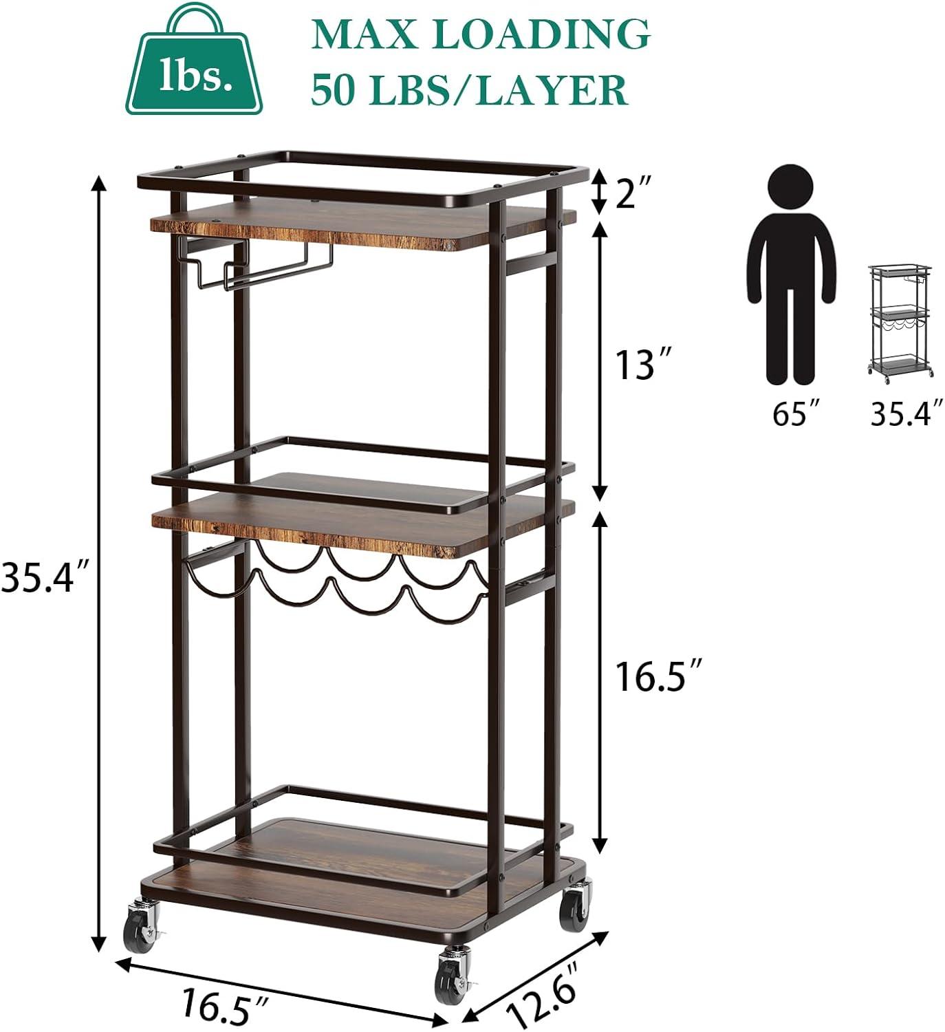 3 Tier Bar Cart for Home, Rolling Mini Liquor Bar Cabinet with Wine Rack and Glass Holder, Home Bar Serving Cart on Wheels for Dinner Party Wine Alcohol Drink, Bar Stand for Living Room Kitchen