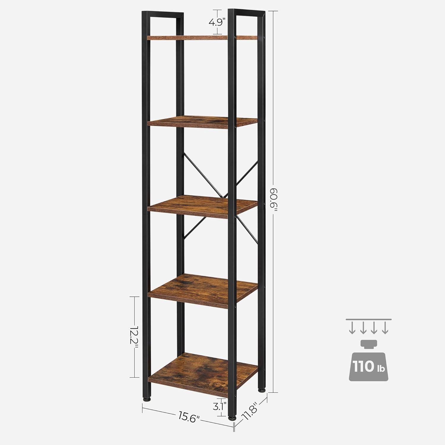 VASAGLE 5-Tier Rustic Brown and Black Steel Bookshelf