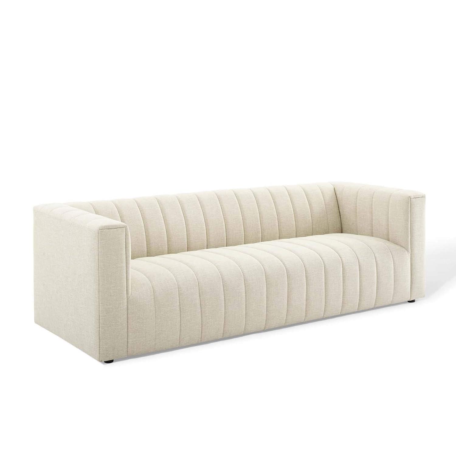 Reflection Beige Channel Tufted Fabric and Wood Sofa