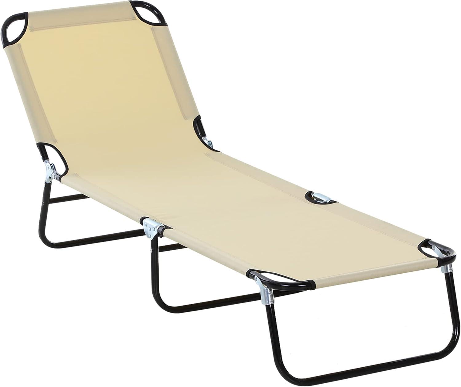 Outsunny Foldable Outdoor Chaise Lounge Chair, 5-Level Reclining Camping Tanning Chair with Strong Oxford Fabric for Beach, Yard, Patio, Pool, Beige