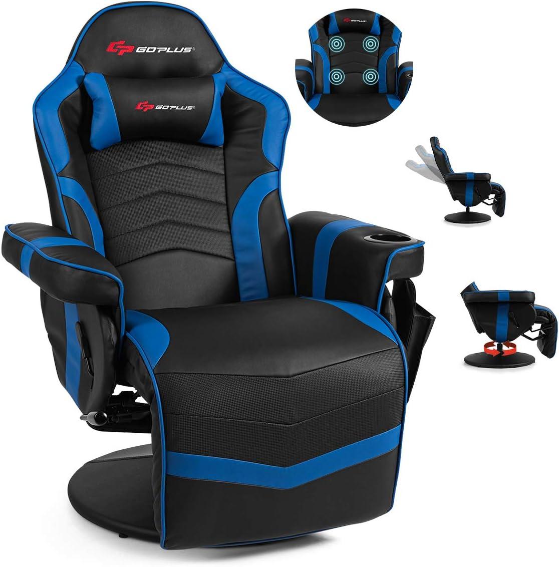 Costway Massage Gaming Recliner Reclining Racing Chair Swivel Blue