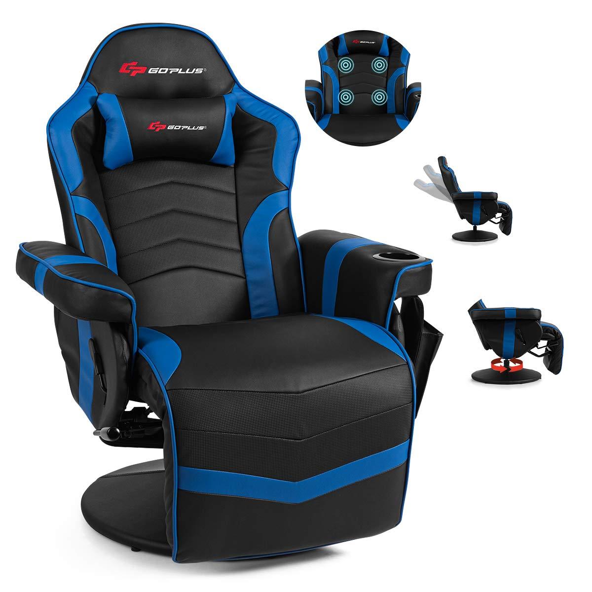 Costway Massage Gaming Recliner Reclining Racing Chair Swivel Blue