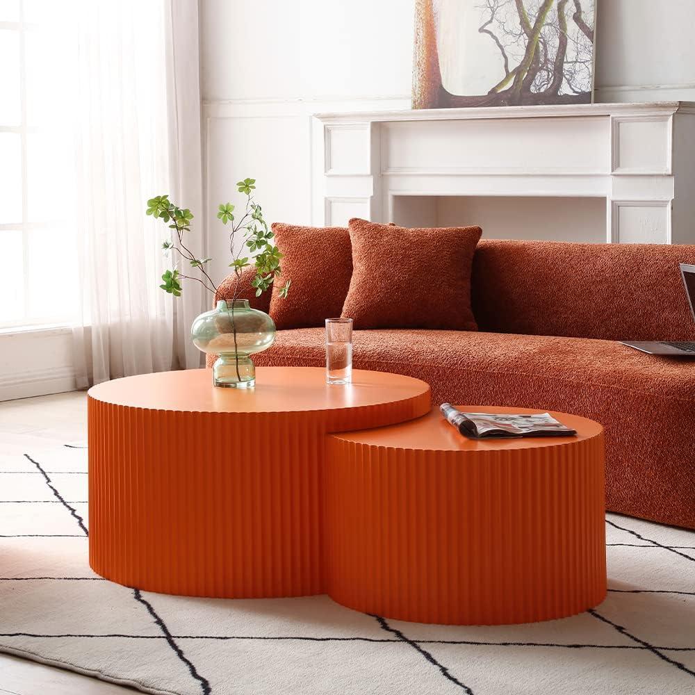 WILLIAMSPACE Nesting Coffee Table Set of 2, Matte Orange Round Wooden Coffee Tables, Modern Luxury Side Tables Accent End Table for Living Room Apartment, 23.62"*23.62"*15.75"H (Orange,Round)
