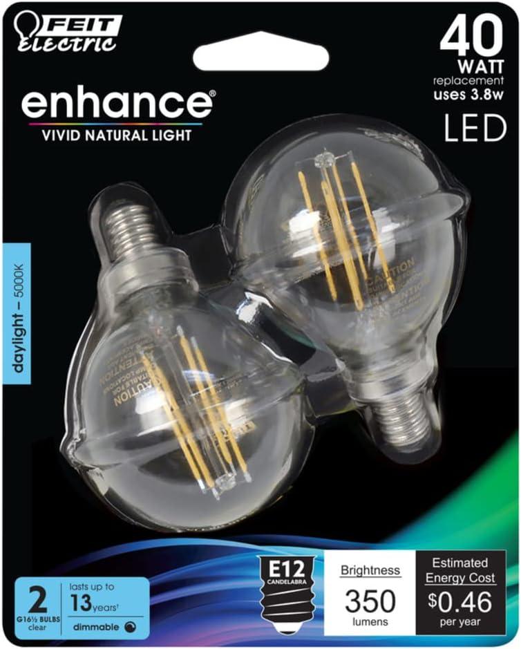 Feit Electric LED Filament 40 -Watt EQ G16.5 Daylight Candelabra base (E-12) Dimmable LED Decorative Light Bulb 2 -Pack