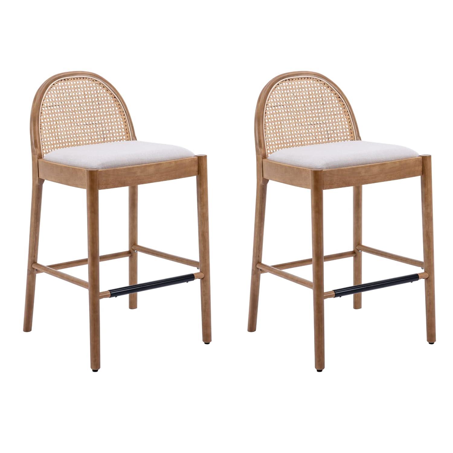 Bayou Breeze Emington Modern Stools with Rattan Backrests and Wood Frame (Set of 2)